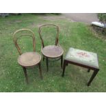2 Bentwood chairs and stool with needlework top