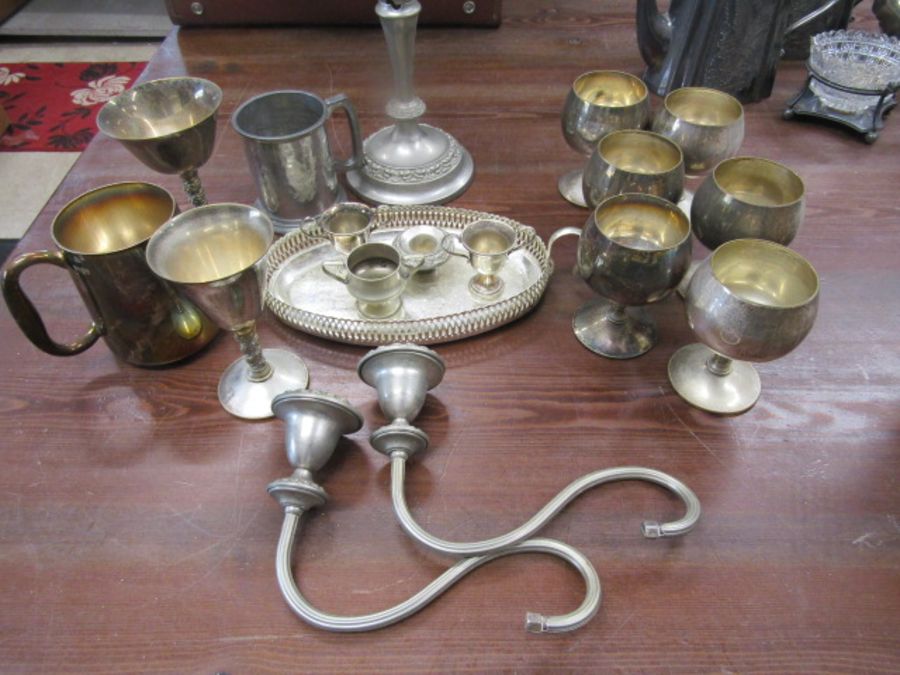 Plated goblets, tankard, candelabra (a/f)