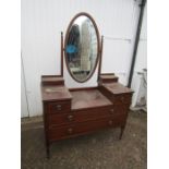 Mahogany veneered and inlaid 6 drawer dressing table with mirror (one castor is missing) H176cm