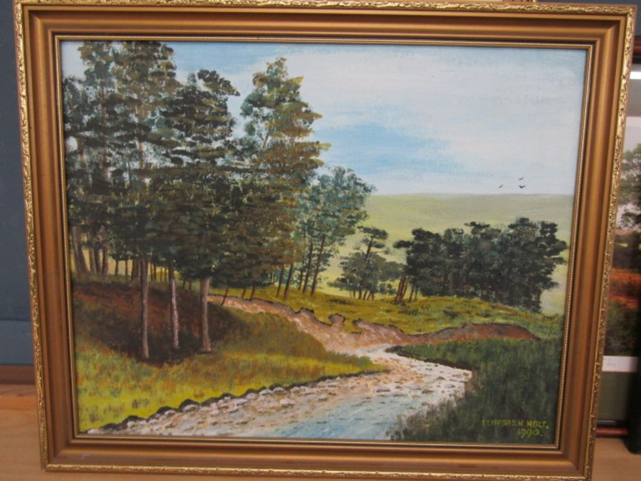 signed oil on canvas of a landscape by Clifford D Holt 57x47cm