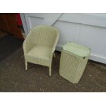 Lloyd Loom style chair and glass topped linen bin