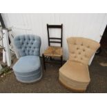 2 Upholstered button backed bedroom chairs and chair with wicker seat in need of repair