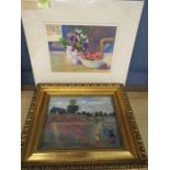 Muriel Morrad signed Gouache still life 'Strawberries and Violets' and a Monet 'poppies' print and