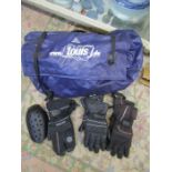 Motorbike accessories- a tank bag with cover, 3 pairs gloves and 2 sheild pads