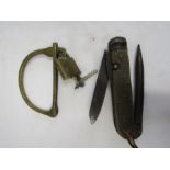 WW2 kit bag lock with key and a WW2 era jack knife