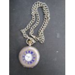 A silver ladies half hunter pocket watch (925 42g gross) with chain (not silver)