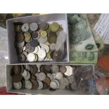 A box of mixed coinage British 'silver' and copper, some foreign plus 4 £1 notes