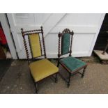2 Antique oak barley twist chairs with upholstered seats and backs. (one chair has break to back