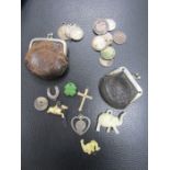 2 Victorian purces containing coins, 9ct gold cross, silver pendants etc