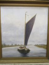 A signed oil on board of a wherry poss on Norfolk broads. local artist Esme Vawsen 56x61cm