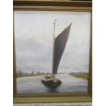 A signed oil on board of a wherry poss on Norfolk broads. local artist Esme Vawsen 56x61cm