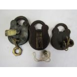 3 heavy vintage padlocks with makers stamps and keys all open and lock