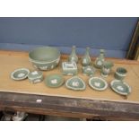 14 Pieces of sage green Wedgewood Jasperware including fruit bowl