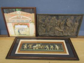 Framed 3d pen, ink and watercolour theatrical scene with a religious plaque and print of Putti
