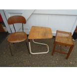 Retro Staples Cantilever table, metal framed chair with ply seat and back rest and stool with cane