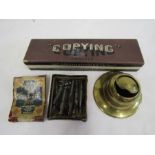 A brass inkwell, boxed vintage unused London &North Eastern railway pencils and a box of nibs