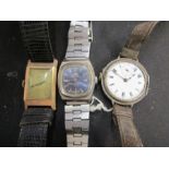 3 wrist watches one appears silver (early) no glass, one possibly gold (oblong case- 937479/149