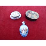 A Silver topped scent bottle hallmarked 1920 Birmingham DL, a paper mache snuff box and a French