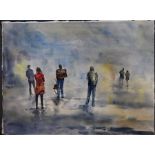 Joss Cole watercolour figures in the rain, framed and glazed 29.5" 24", image has slipped of the