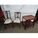 2 Mahogany dining chairs with upholstered seats and tea trolley