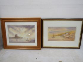 2 watercolours of beach scenes signed H.M Halliday