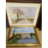 A watercolour and an oil on board both depicting a country scene largest 51x42cm