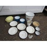 Mixed vintage enamel items including plates, bucket and jug etc