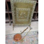 Brass fire screen, Sandringham toasting fork plus copper warming pan