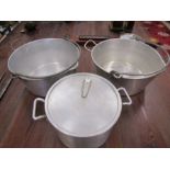 2 metal jam pans and a saucepan with lid