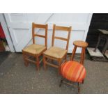 Pair of dining chairs with rattan seats, pine bar stool and upholstered hardwood footstool