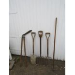 Garden tools including forks and shovel