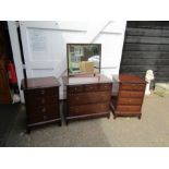 Pair of Stag bedside drawers and Stag 3 short over 2 long chest of drawers with mirror