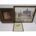 After Lowry print, a print of a public house- pencil signed and a portrait of a victorian boy in