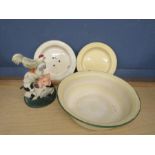 Vintage enamel bowl, plates and cast iron door stop