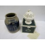 Beaumont pottery pot and Royal creamware covered dish in box
