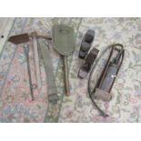 2 entrenching tools, military belt, vintage Dunlop foor pump, 2 wood planes and a cattle pill