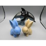 Poole pottery dolphin figure and 2 Sylvac style bunnies