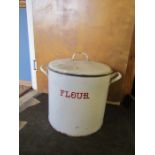 A large vintage enamel flour bin 50cm high and 40cm dia approx