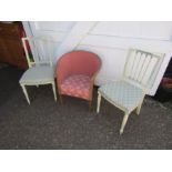 Pair of painted dining chairs and Lloyd Loom style chair