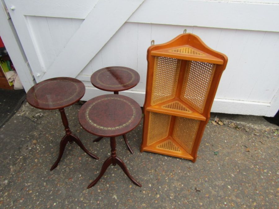 Set of 3 side tables and corner shelving unit with cane detail