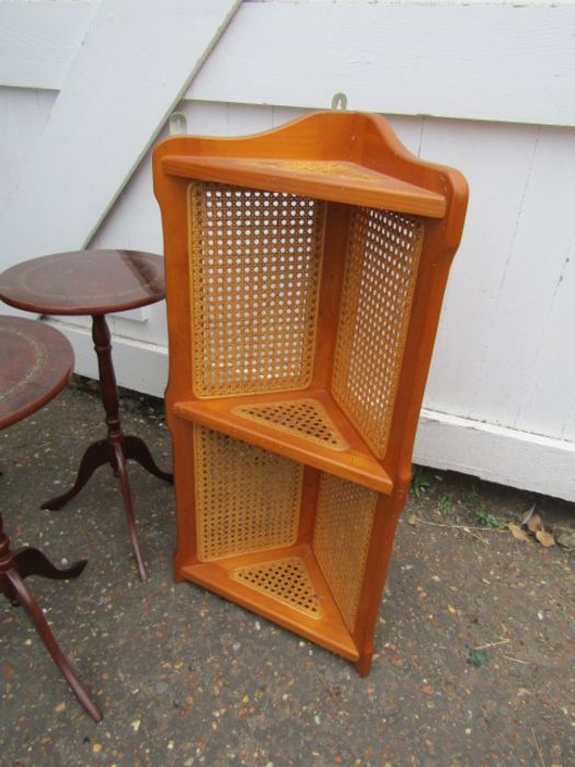 Set of 3 side tables and corner shelving unit with cane detail - Image 2 of 2