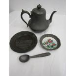 Pewter teapot, scoop and 2 plates