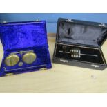 A glass smoking pipe in case and a set of pan scales in box- no weights