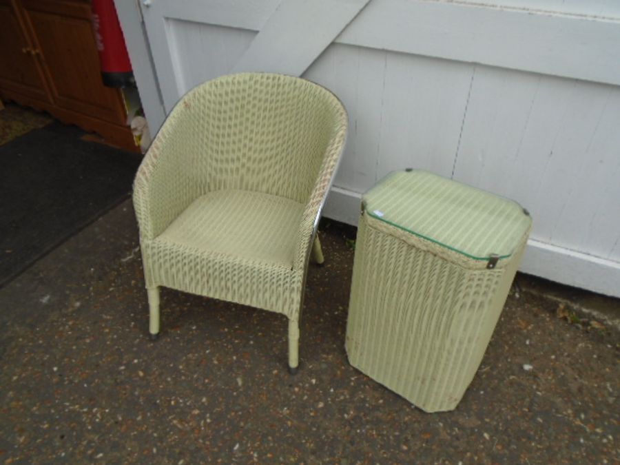 Lloyd Loom style chair and glass topped linen bin