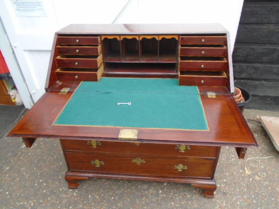 Oak 4 drawer writing bureau with brass handles and eschutcheon's H108cm W107cm D53cm approx - Image 3 of 7