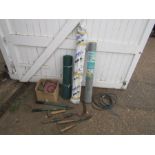 Wire fencing, box of lorry straps and garden tools etc