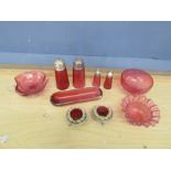 Cranberry glass condiments and dishes etc