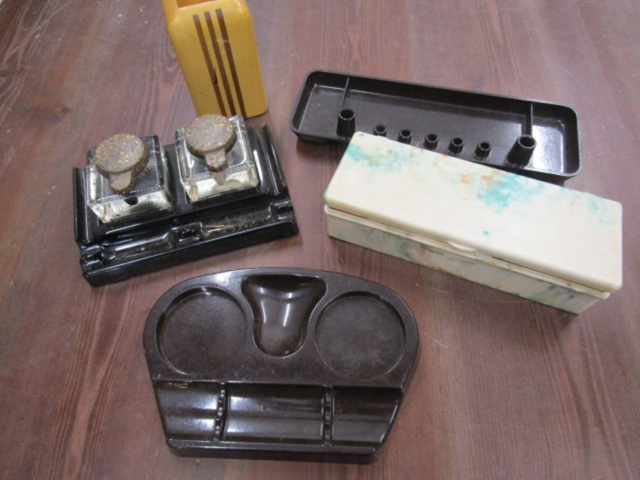Ink wells and Bakelite desk tidy and box