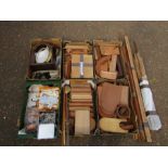 Clock makers/repairers lot including wooden surrounds, moulds and beads, hands and keys etc