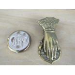Brass paper weight with rams head and paperclip/letter holder in the form of a hand